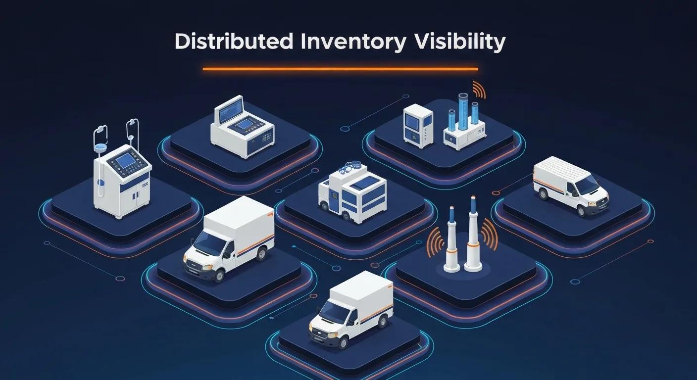 Hero graphic showing a connected ecosystem of MedTech devices, manufacturing equipment, turbines, and field service vans, labeled “Distributed Inventory Visibility”
