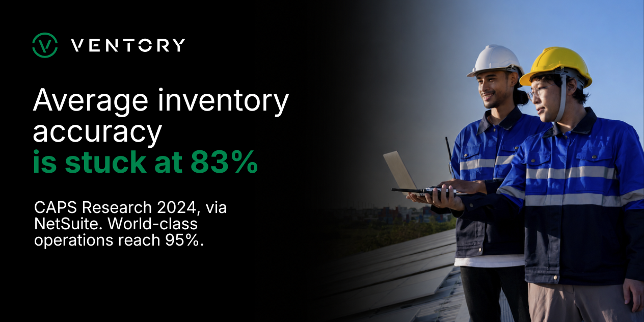 Stat card: average inventory accuracy was just 83% in 2024, while world-class operations reach 95%, according to CAPS Research data published by NetSuite