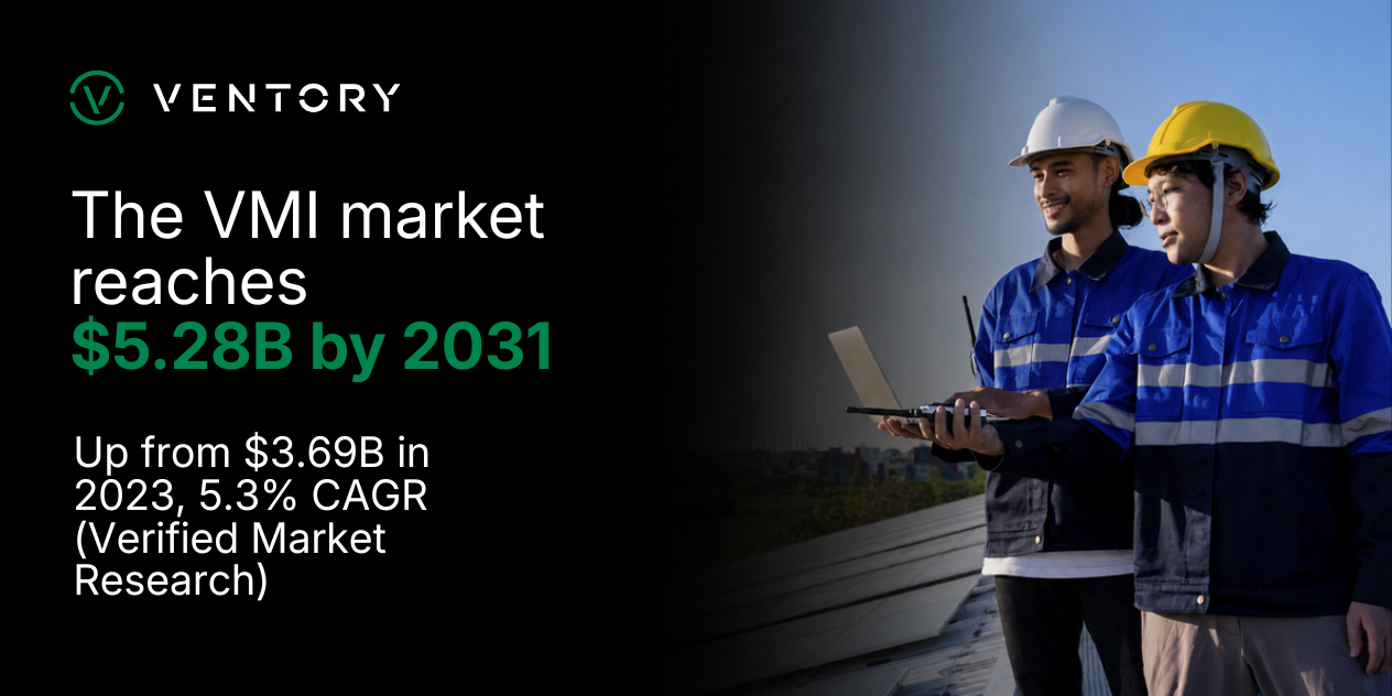 Stat card: the vendor managed inventory system market was valued at $3.69 billion in 2023 and is projected to reach $5.28 billion by 2031, a 5.3% annual growth rate, according to Verified Market Research