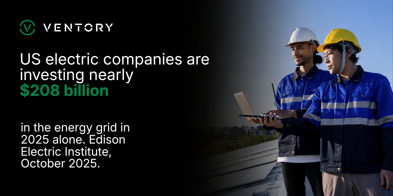 Stat card: US electric companies are projected to invest nearly $208 billion in 2025 to strengthen the energy grid, according to the Edison Electric Institute, October 2025