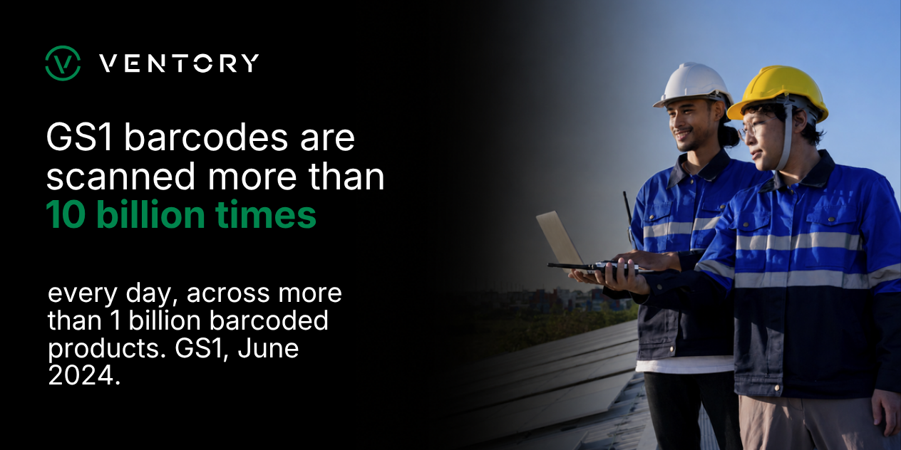 Stat card: GS1 barcodes are scanned more than 10 billion times every day across more than 1 billion barcoded products, according to GS1, June 2024