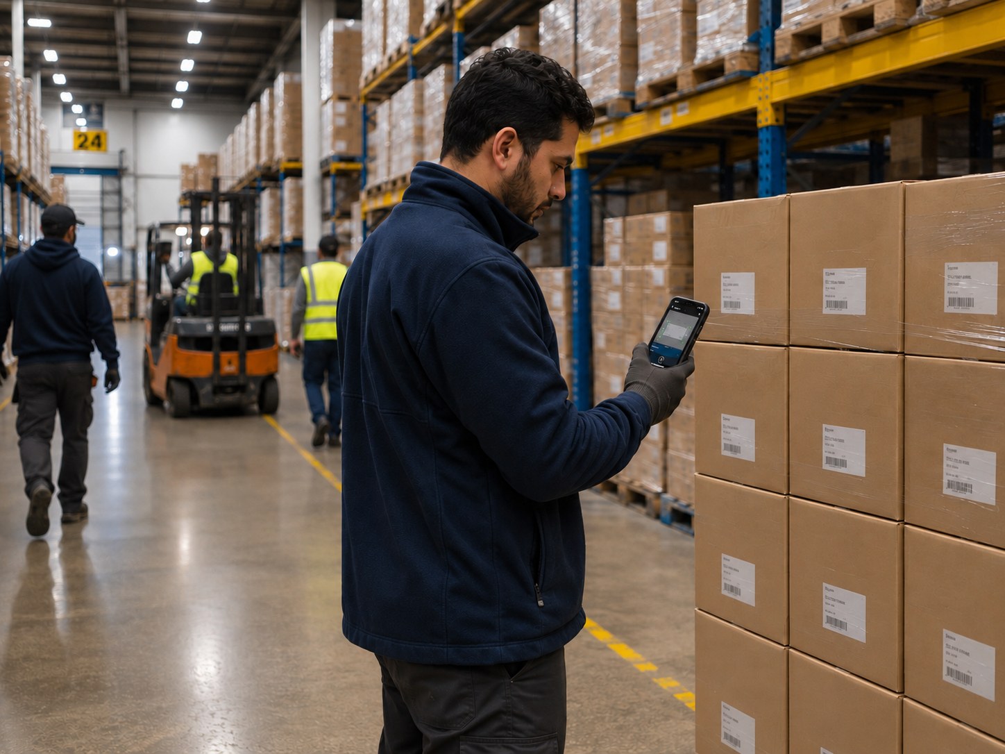 AI-generated illustration: warehouse operator logging pallet data in real time with the Ventory Mobile App