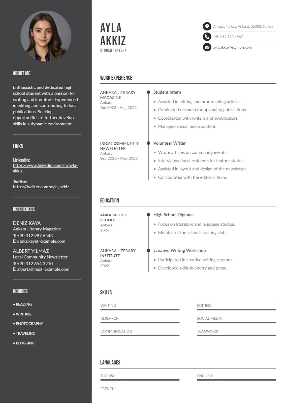 Öğrenci ve Stajyer İngilizce CV Örneği