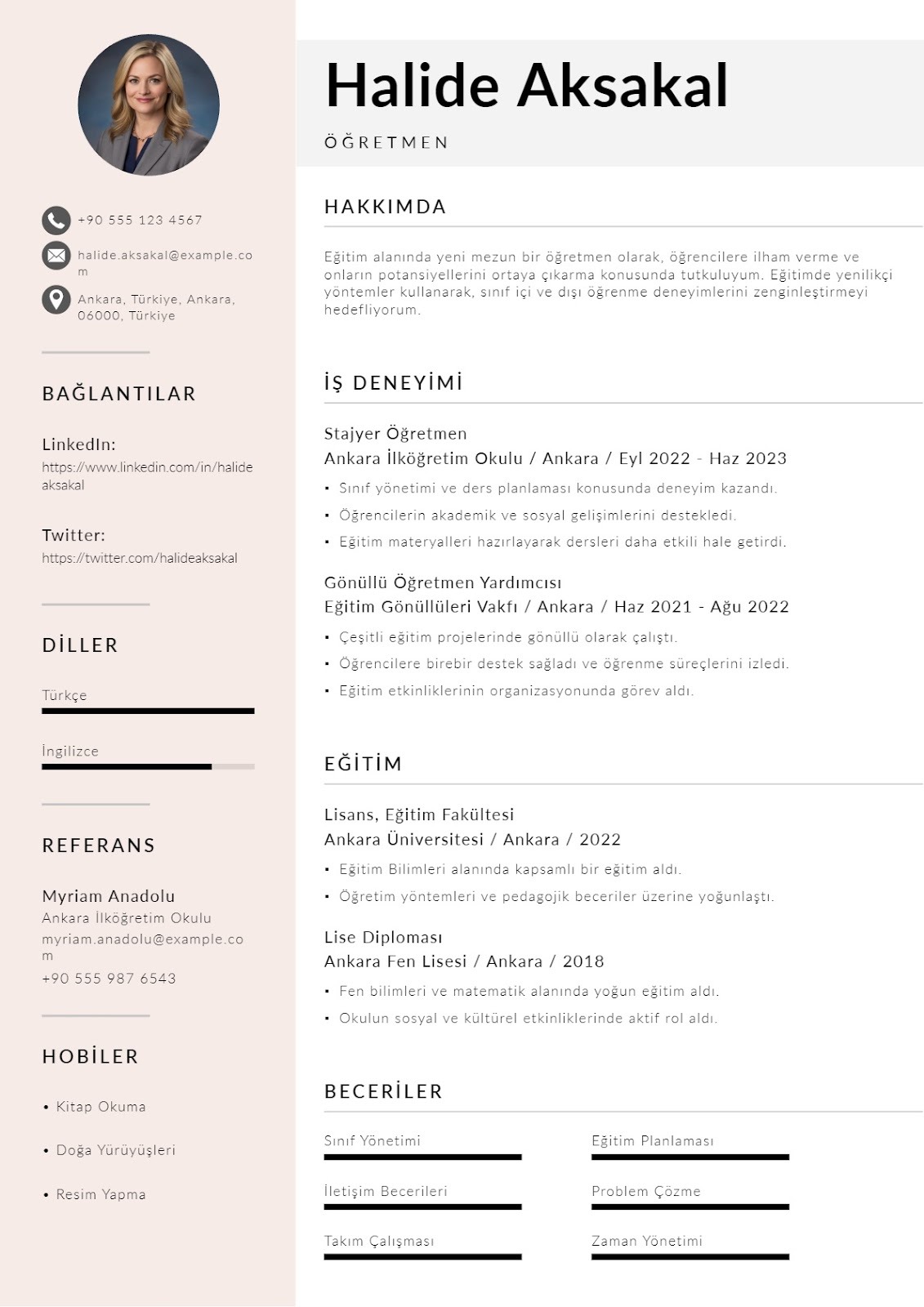 Yeni Mezun Öğretmen Özgeçmiş Örneği