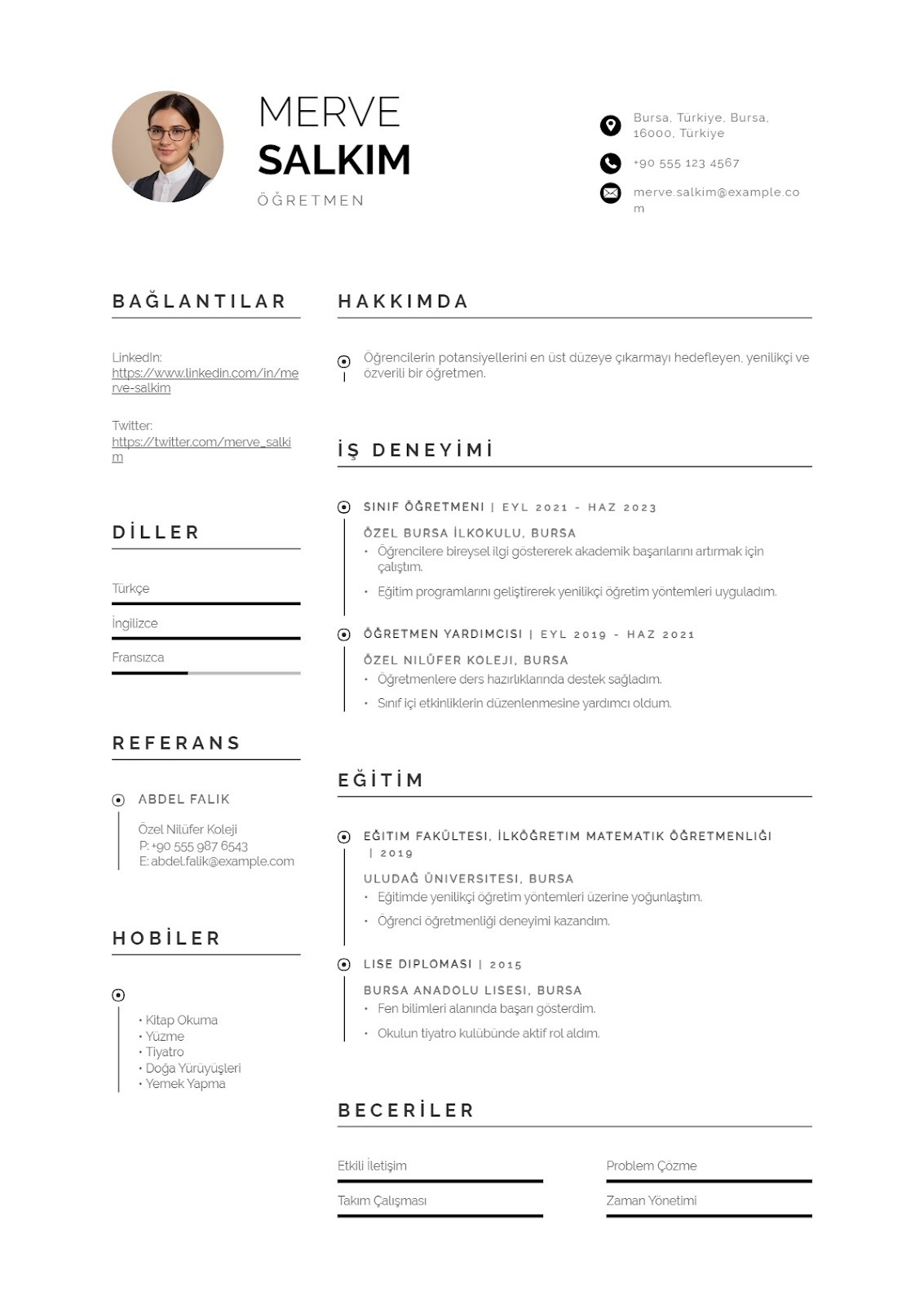 Özel Okulda Öğretmenlik için Özgeçmiş Örneği
