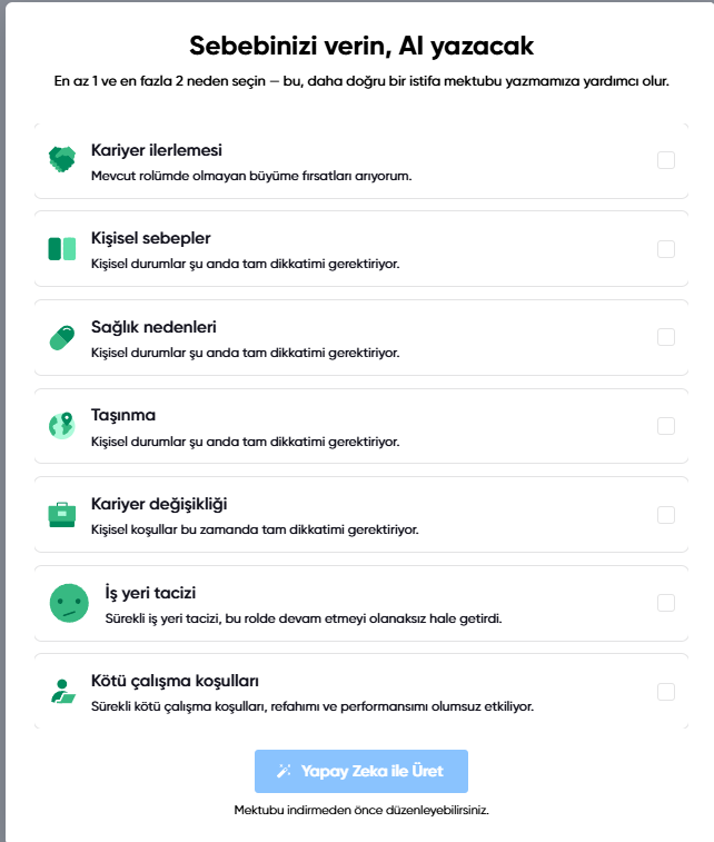 İstifa sebeplerinin seçilmesi