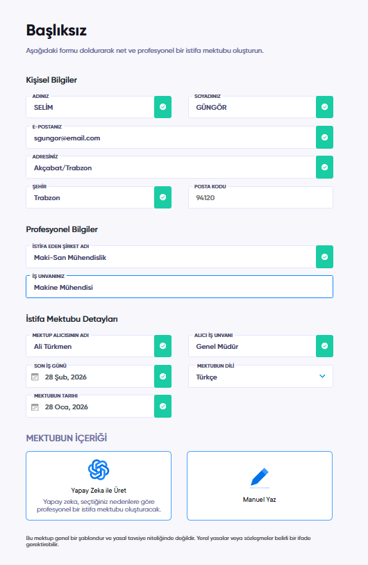 Yapay zeka istifa mektubu bilgi formu