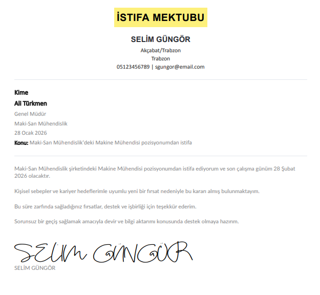 Yapay zekayla hazırlanmış İstifa mektubu örneği