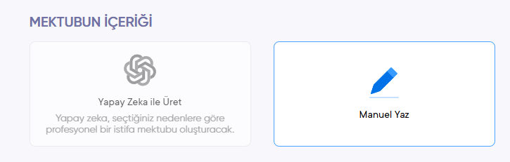 Manuel olarak istifa mektubu oluşturma seçeneği