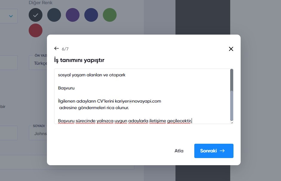 İş tanımı bilgilerini verme