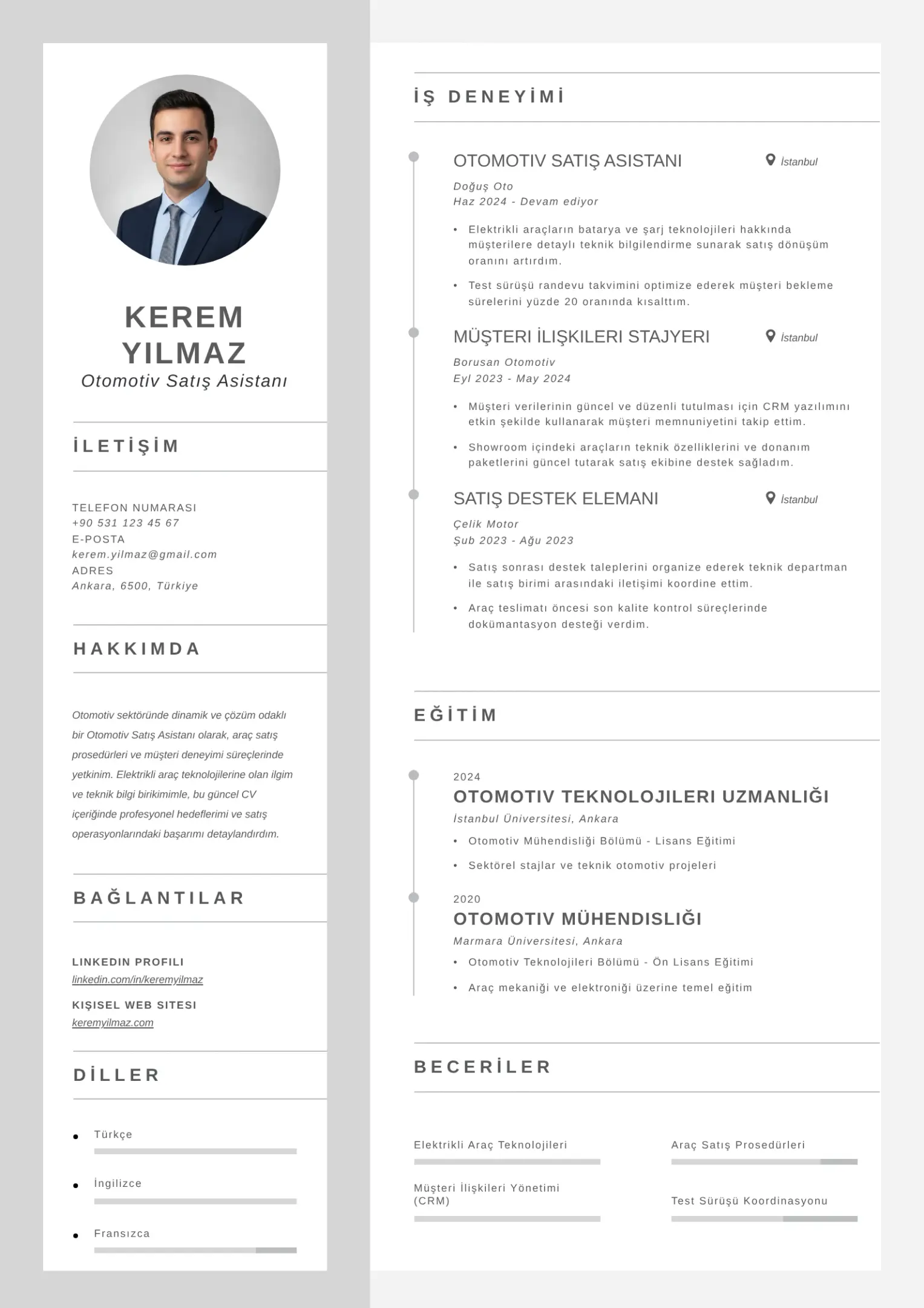 Otomotiv Satış Asistanı Özgeçmiş Örneği