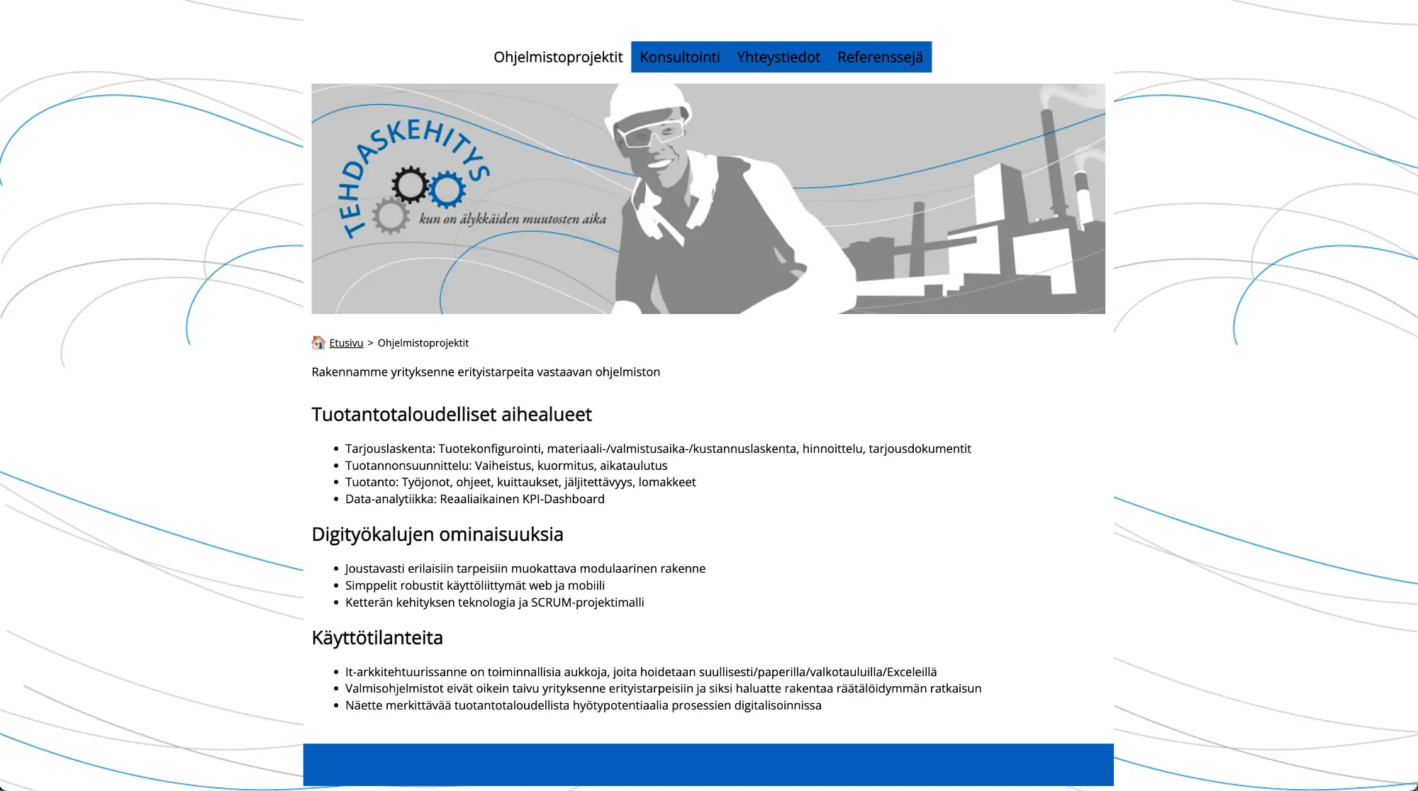 Tehdaskehityksen aiemmat nettisivut (screenshot)