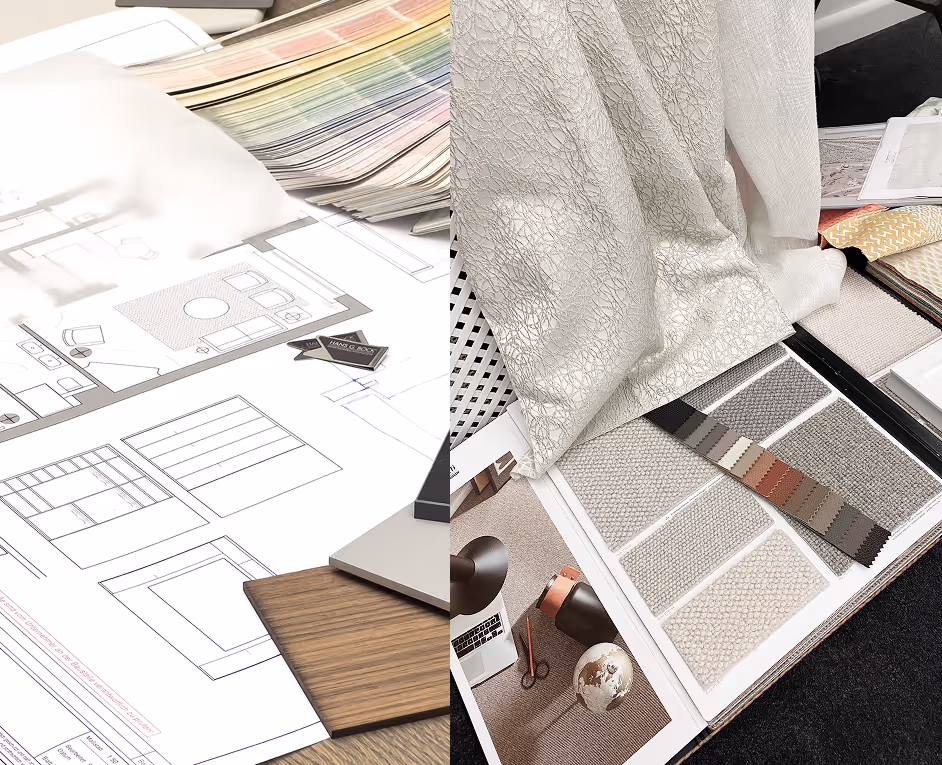 Grundriss eines Hauses und Materialmuster von Sofa Bezugsstoffen und Vorhängen