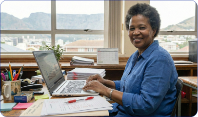 Silhouette of a person with long curly hair writing mathematical equations on a digital whiteboard.