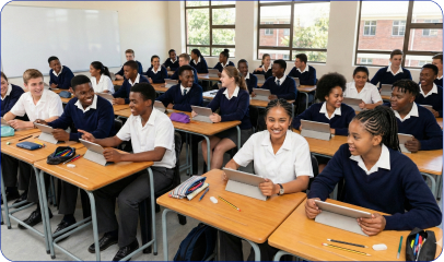 Two schoolboys in checkered uniforms studying and writing together at a desk in a classroom with educational posters on the wall.