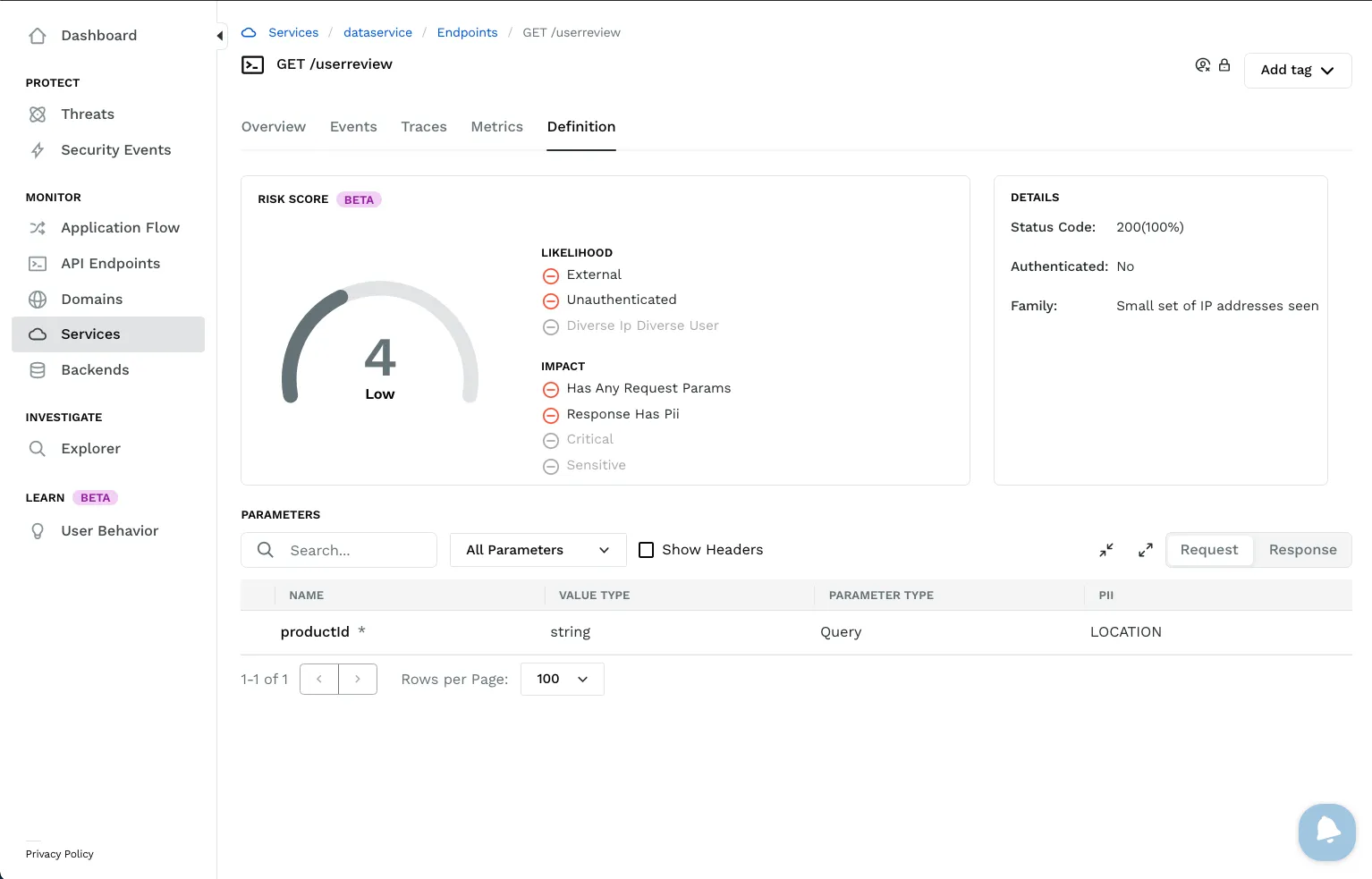 Calculated API endpoint risk score (Beta)