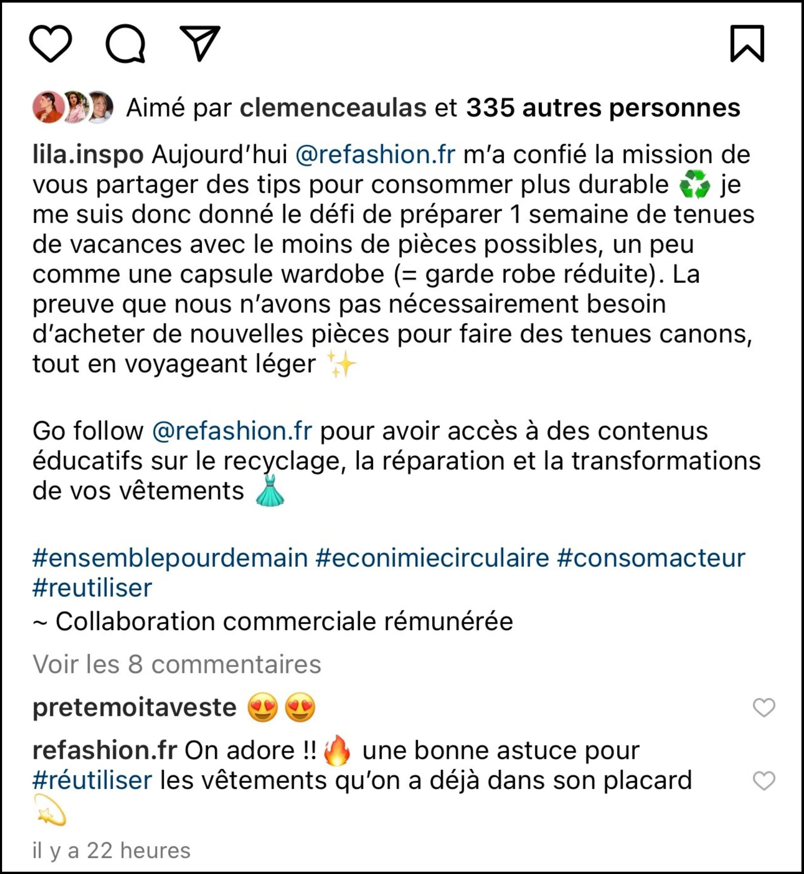 collaboration commerciale rémunérée mission Refashion influenceurs