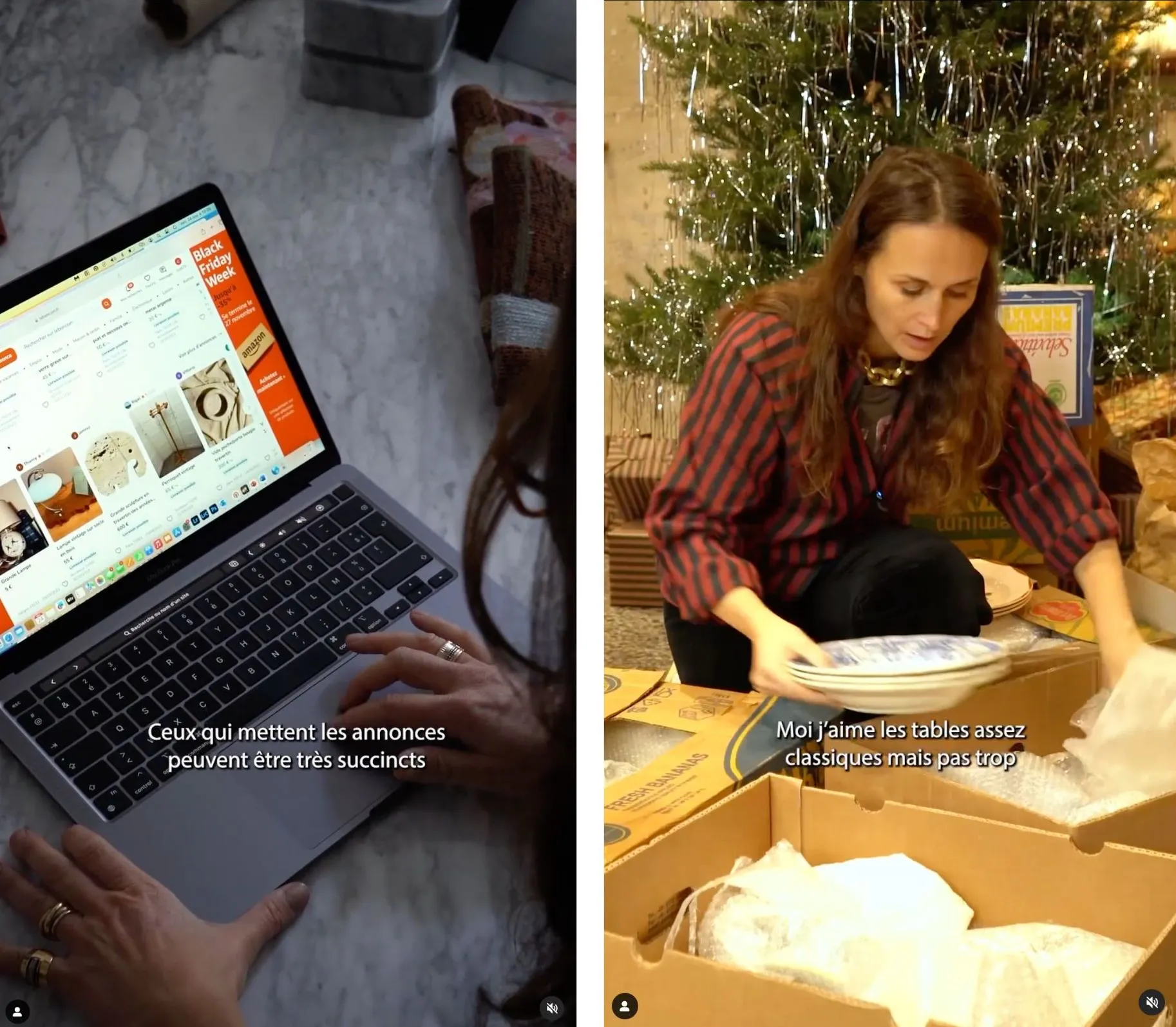 Extraits de la vidéo de collaboration, montrant Constance Gennari préparant une table avec des produits de The Socialite Family et des trouvailles de Leboncoin