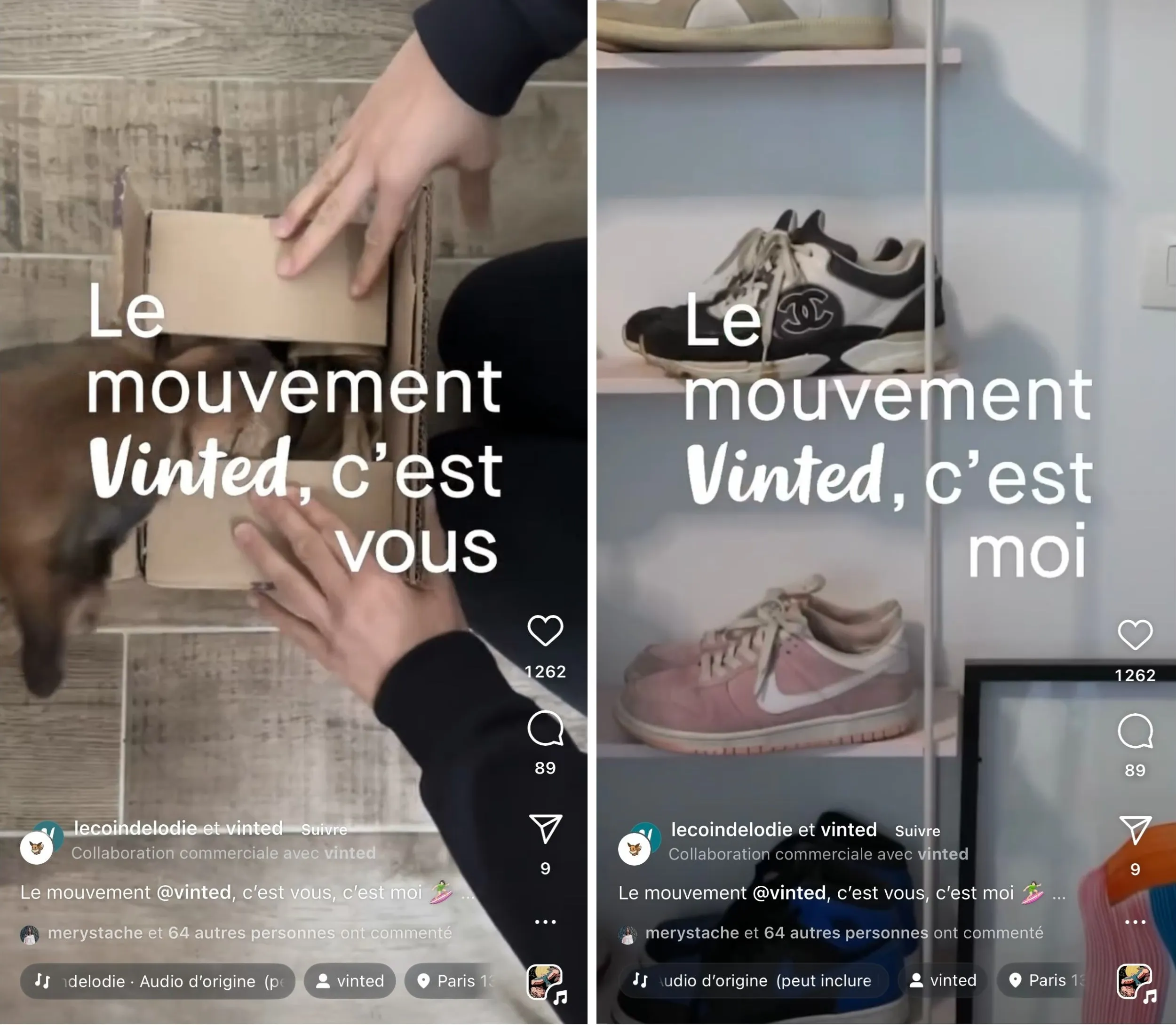 Collaboration entre Vinted et une influenceuse : le slogan “le mouvement c’est vous” mis en scène dans un dressing.