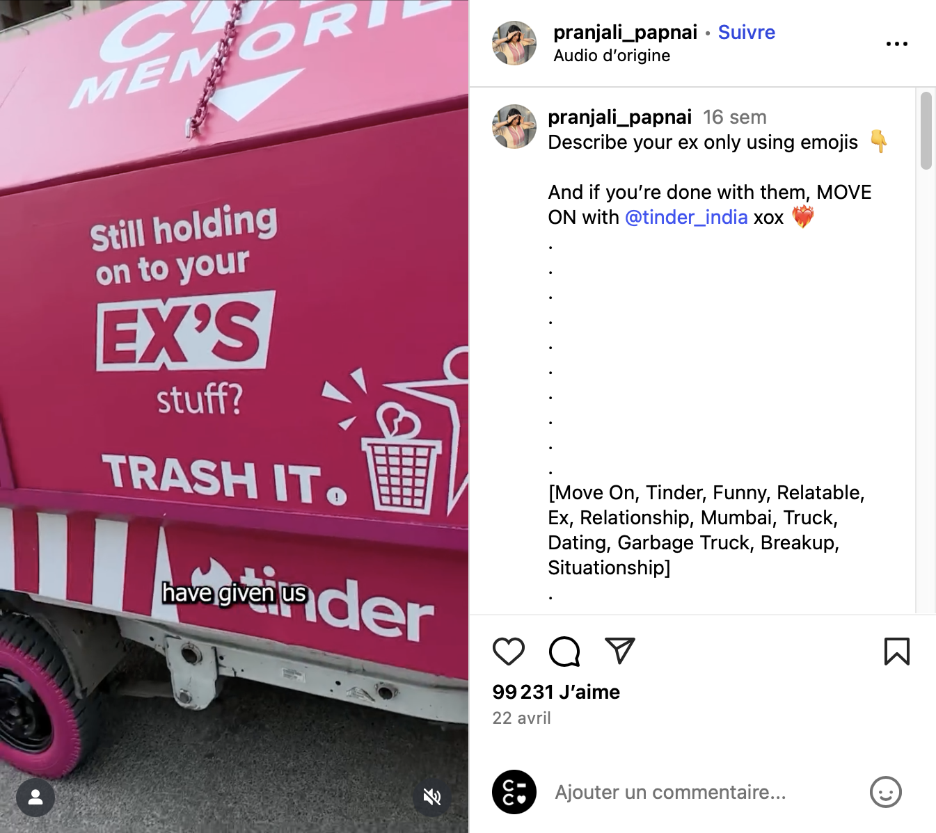 Camion rose Tinder à Mumbai "Cold Memories" rempli d’objets d’ex, campagne humoristique sur rupture et bagages émotionnels.