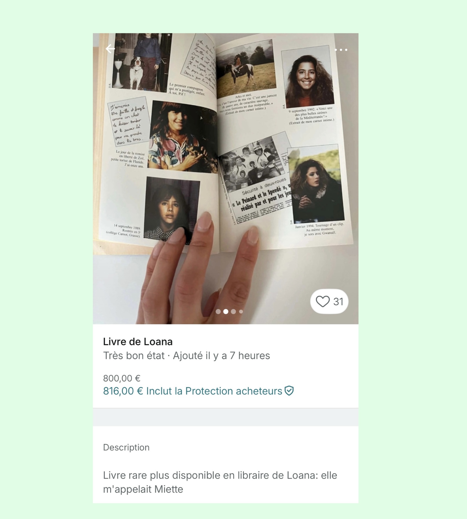 « Livre rare » et photo de Loana : exemple d’annonce publiée sur Vinted le 29 mars 2026 pour le livre Elle m’appelait… Miette.