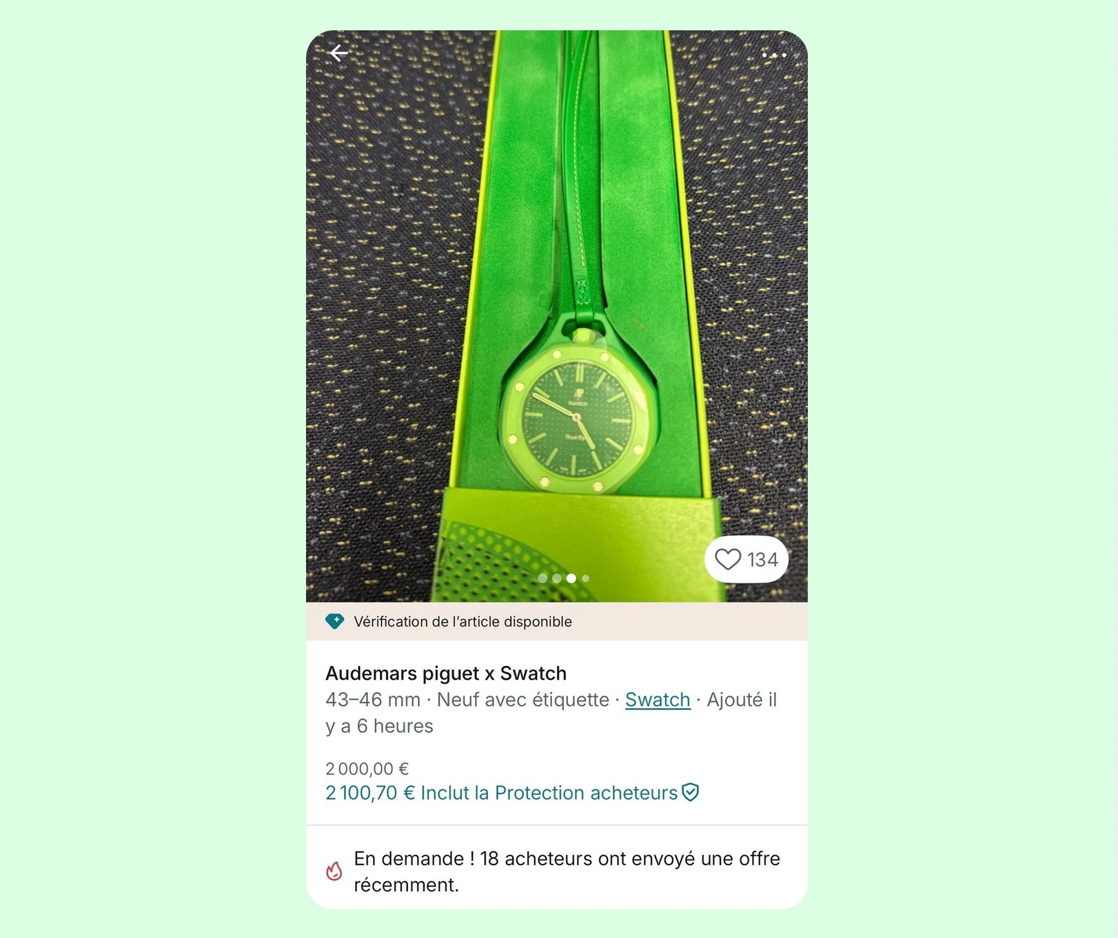 Spéculation : la Swatch x Audemars Piguet verte "Royal Pop" Andemars atteint 2000€ sur Vinted. La mention "En demande" confirme une hype hors norme et immédiate.