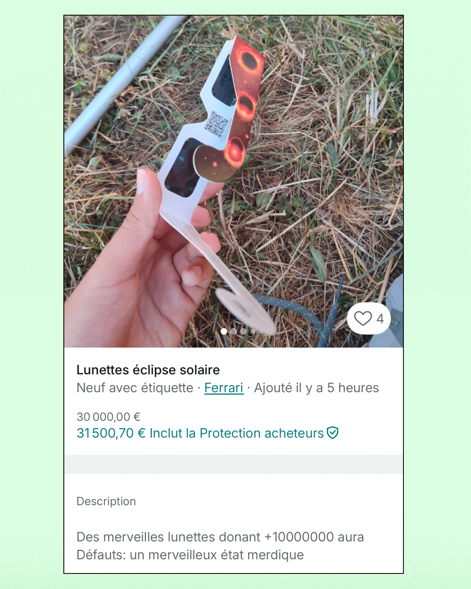Une annonce Vinted propose des lunettes d’éclipse solaire à 30 000 euros et leur attribue un supplément de « 10 000 000 d’aura ».