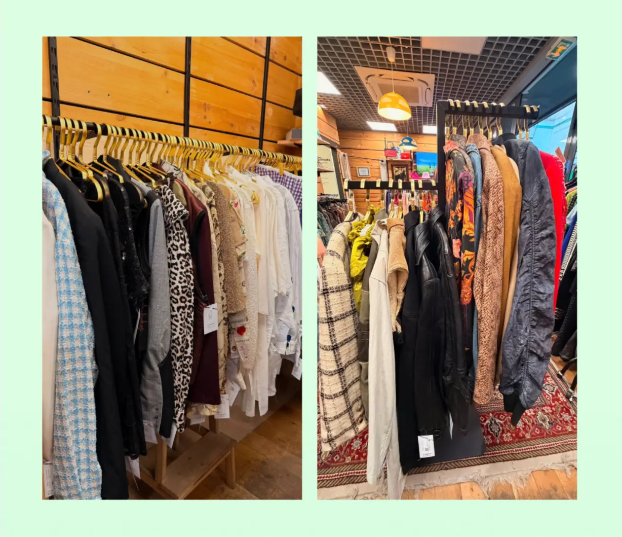 Portants de vêtements de seconde main du 44 et plus au corner La Grosse Séance, chez Mercato Beaubourg à Paris.