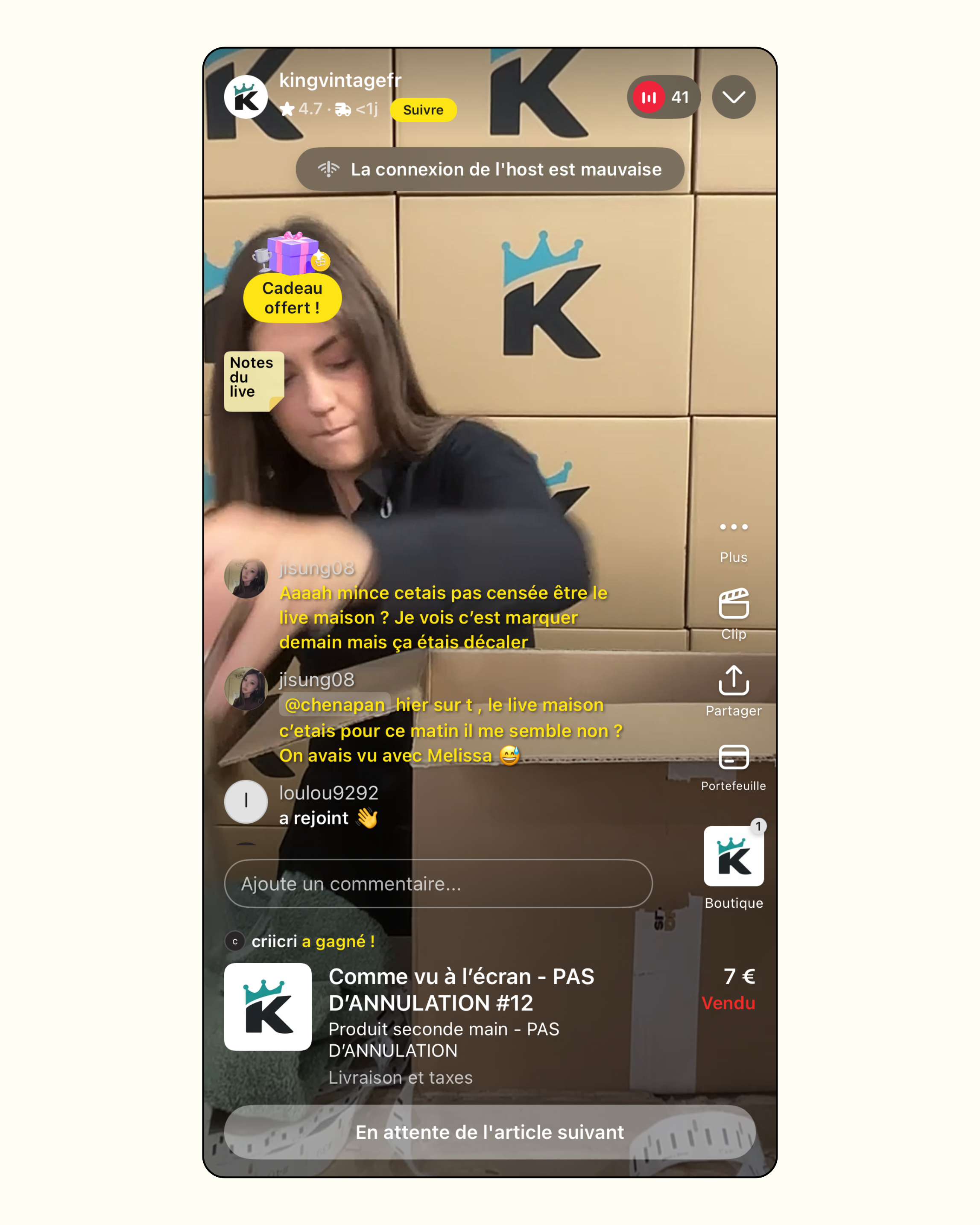 Capture d'écran d'un live shopping sur Whatnot, compte vintage kingvintagefr, avec commentaires d'acheteurs en temps réel.