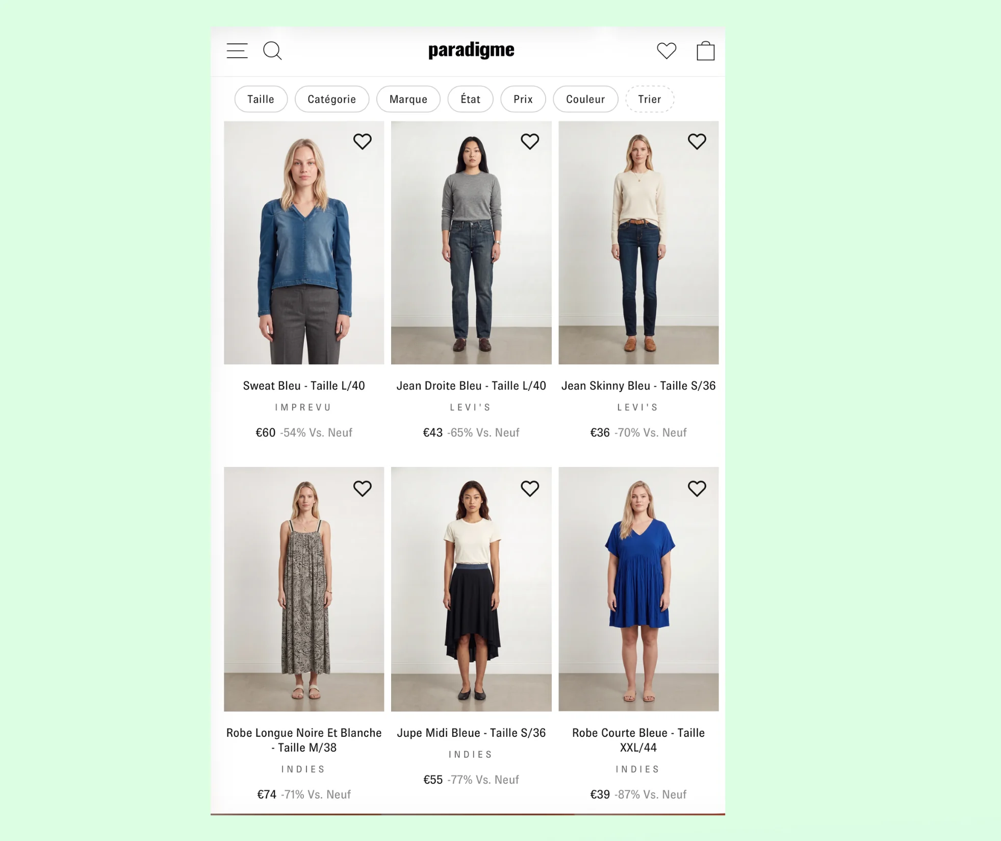 Sur le site paradigme.fr, l'intégralité des fiches produits est photographiée sur des mannequins générés par intelligence artificielle.
