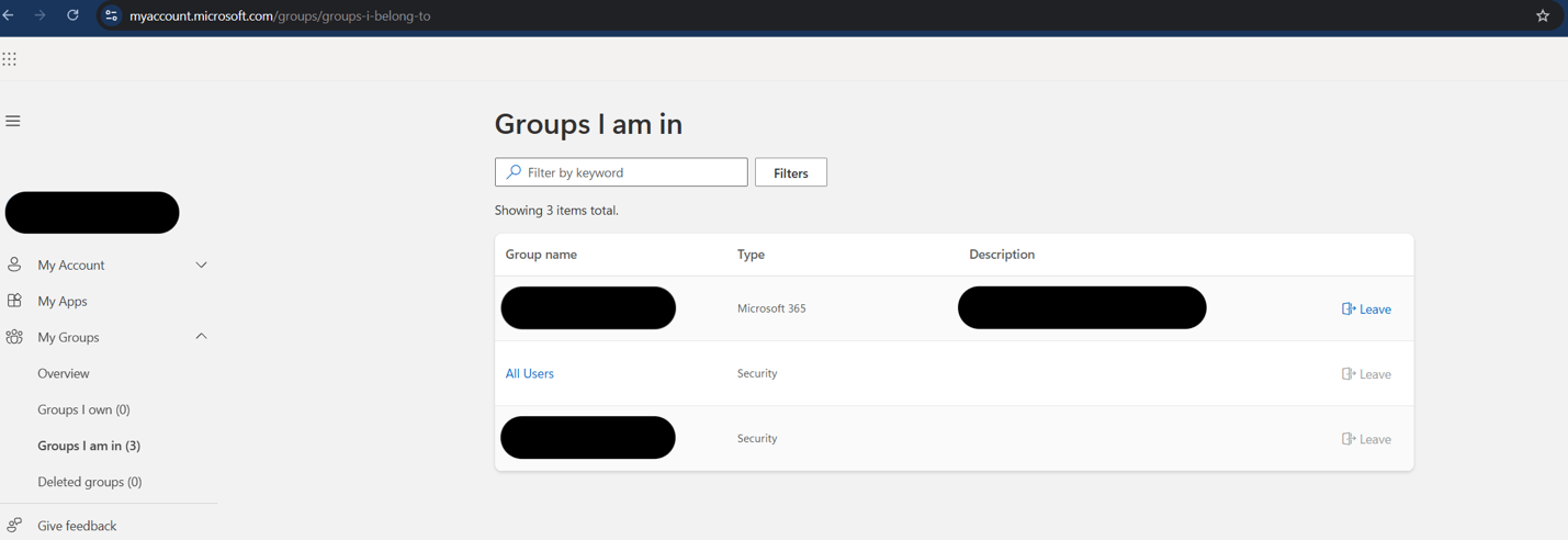 Azure My Groups page showing groups available to an external guest account.