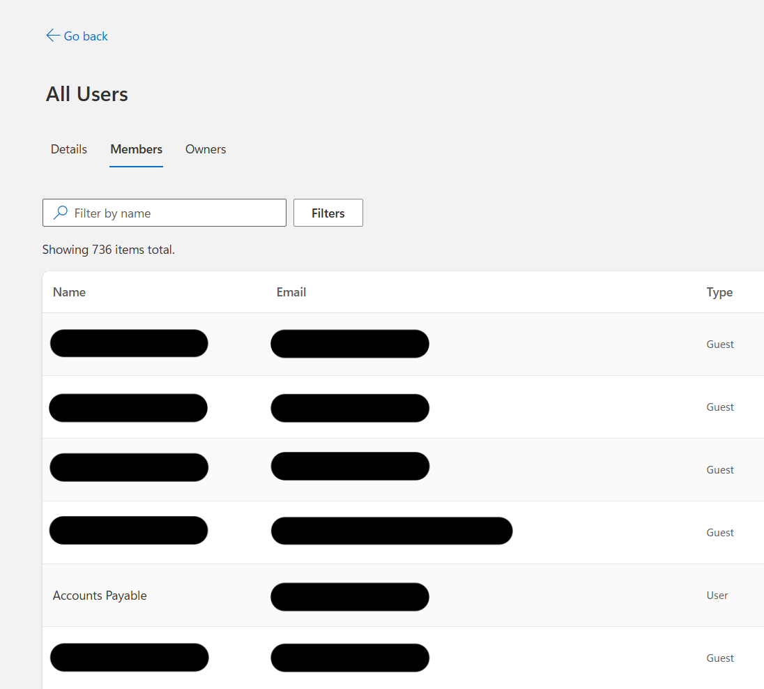 Group membership view showing member accounts and related identities.