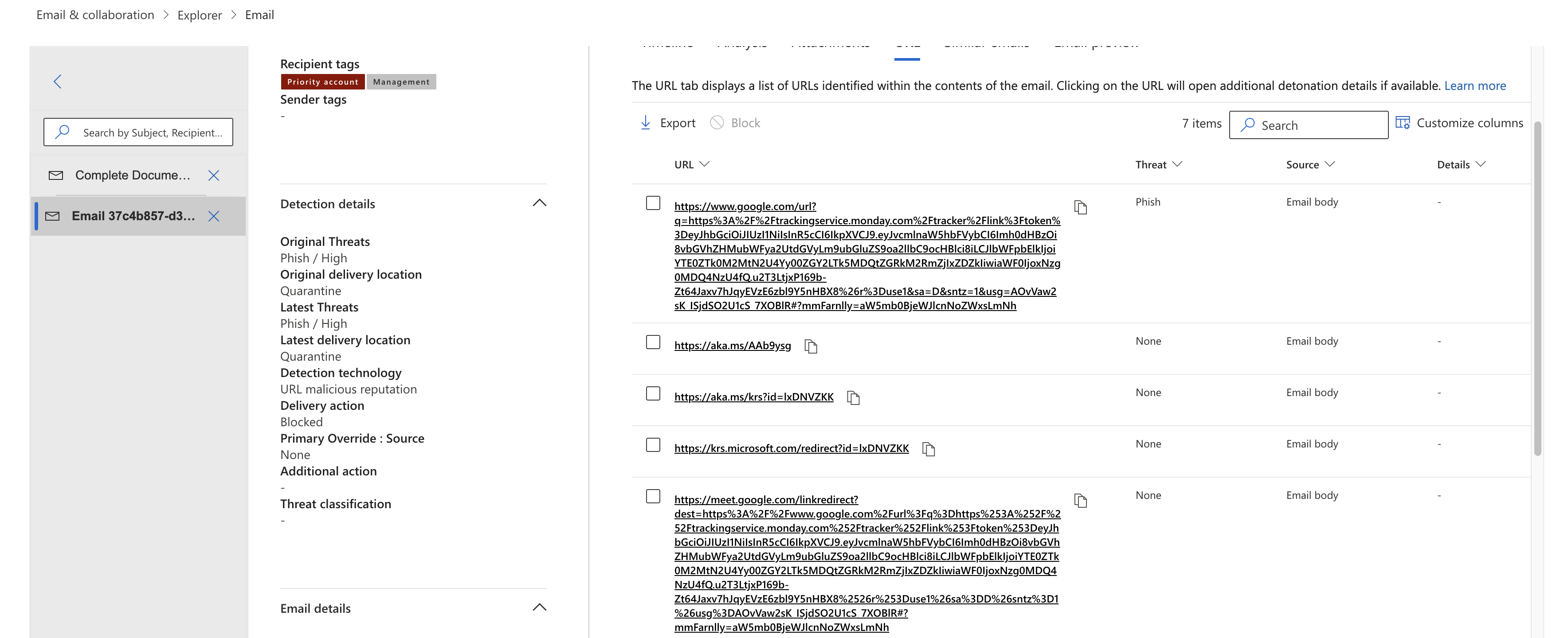 Microsoft Defender Email Explorer showing a phishing email to a Priority account and Management, verdict Phish / High, delivery action Blocked and quarantined.