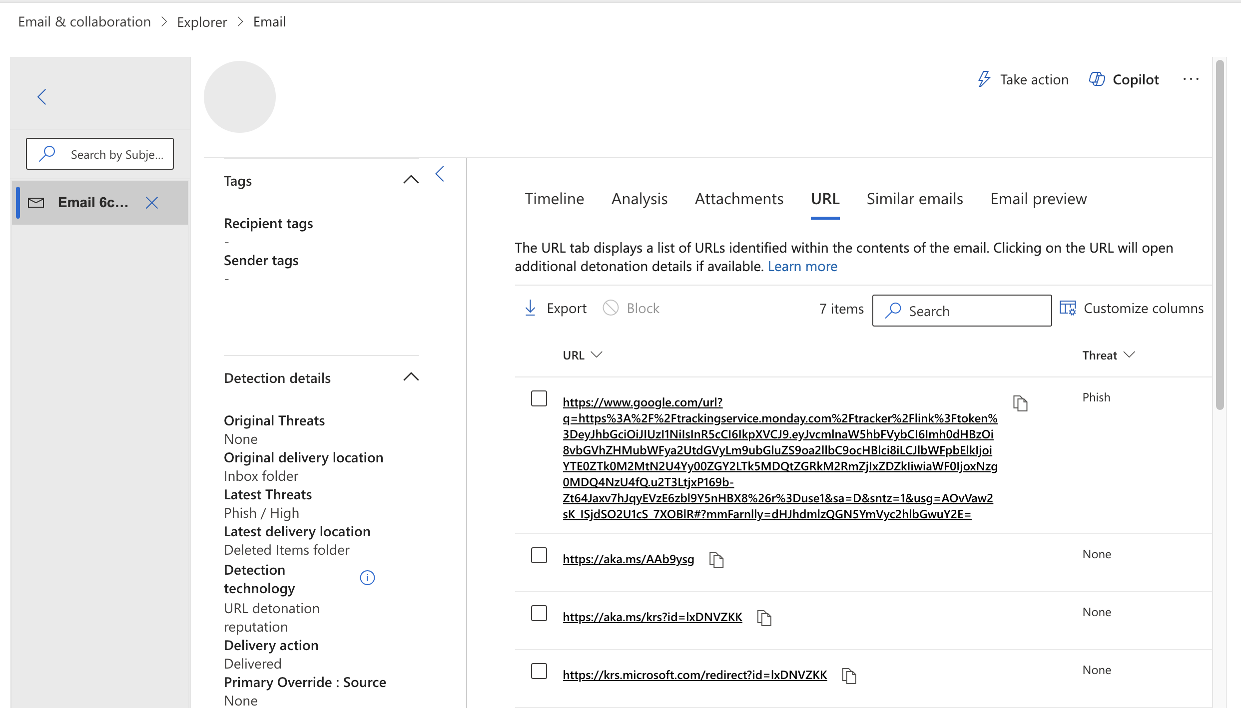 Defender URL tab showing a google.com/url link wrapping a trackingservice.monday.com tracker link, verdict Phish.