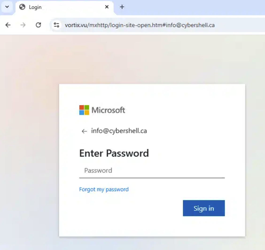 A fake Microsoft Enter Password page on vortix.vu with info@cybershell.ca pre-filled.