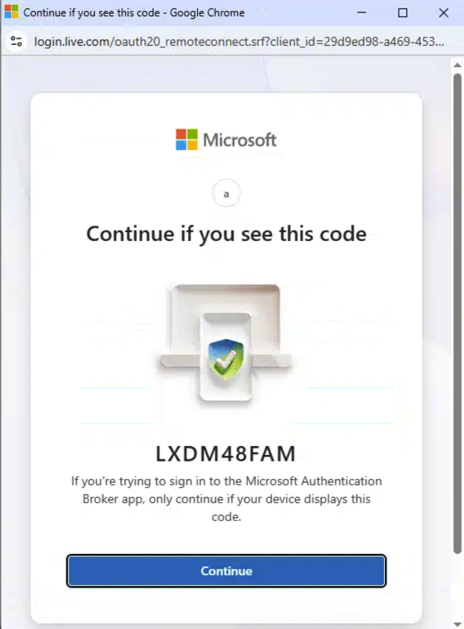 The genuine Microsoft device-authorization page displaying the same code and naming the Microsoft Authentication Broker app.