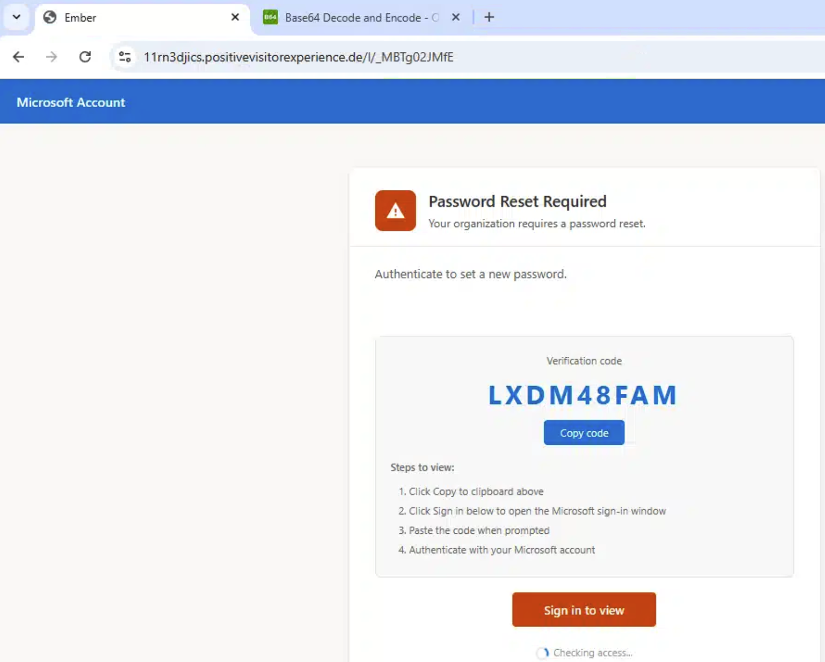 A fake Microsoft Account page claiming a password reset is required and instructing the user to copy a verification code and paste it into a Microsoft sign-in page.