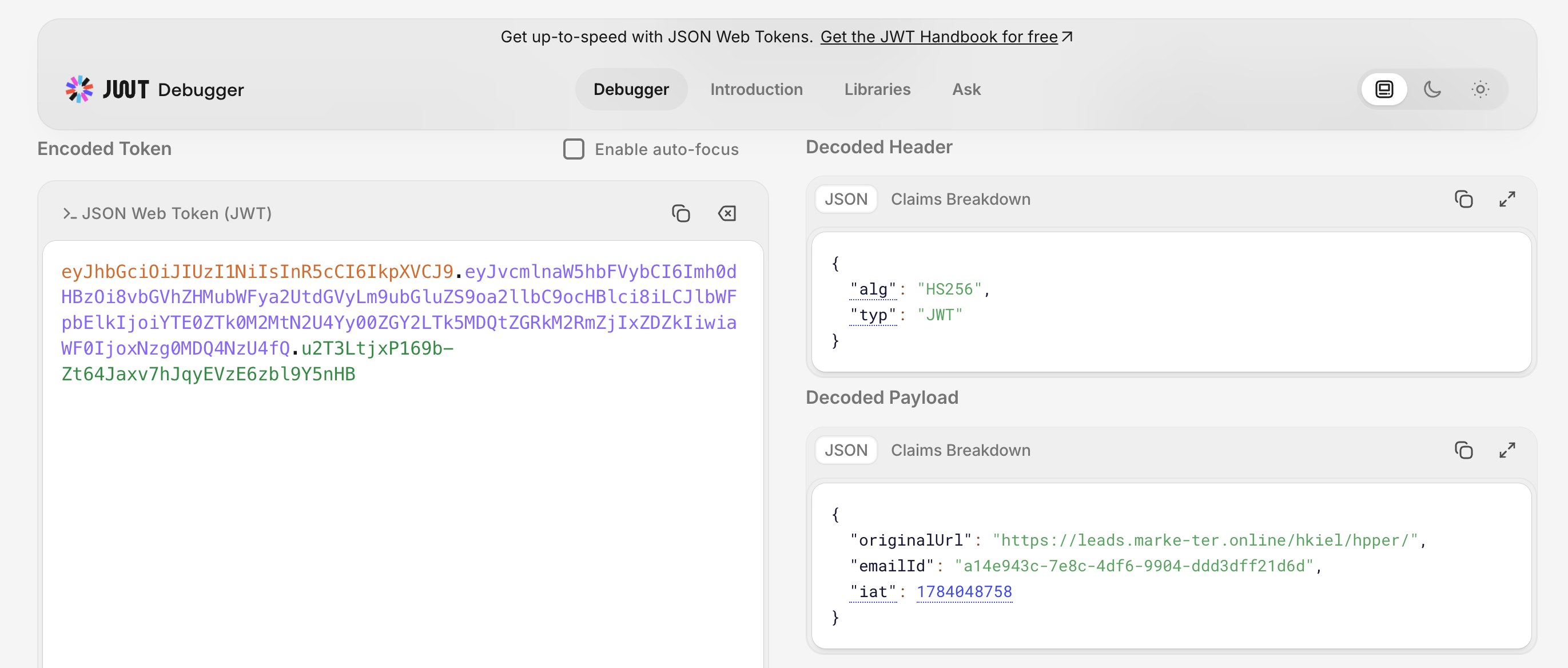 A JWT debugger decoding the Monday.com tracker token, revealing originalUrl https://leads.marke-ter.online/hkiel/hpper/ and an emailId.