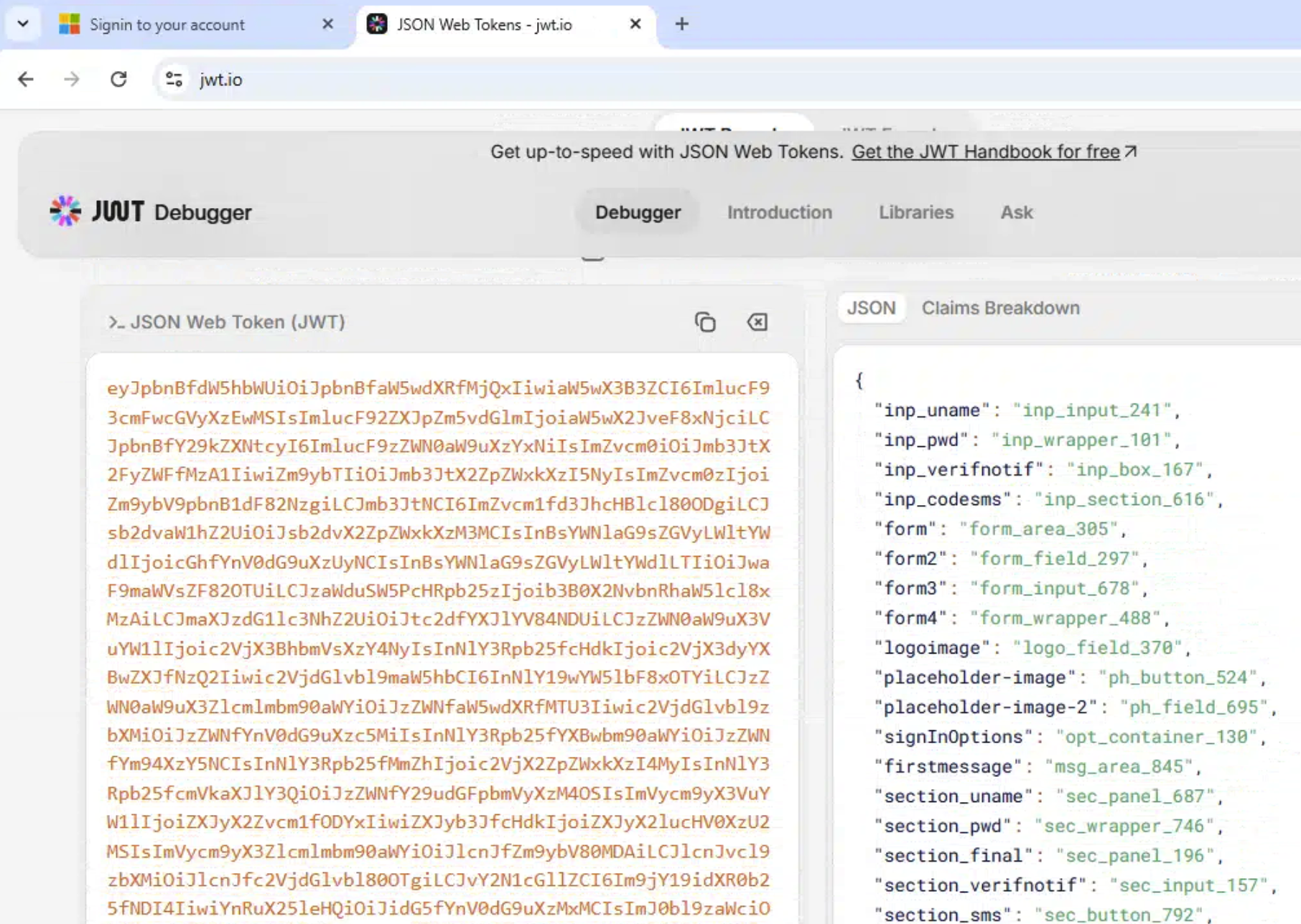 Decoded phishing-kit configuration listing DOM sections for username, password, verification code, SMS, and app-notification capture.
