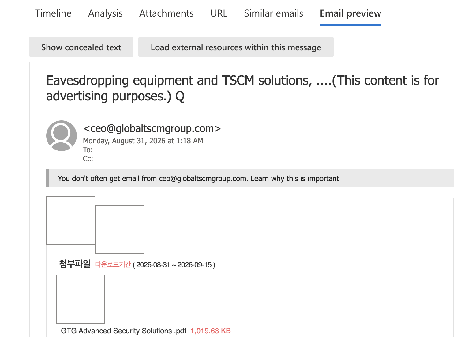 Email preview showing an unsolicited message from Global TSCM Group with two product catalogue downloads.