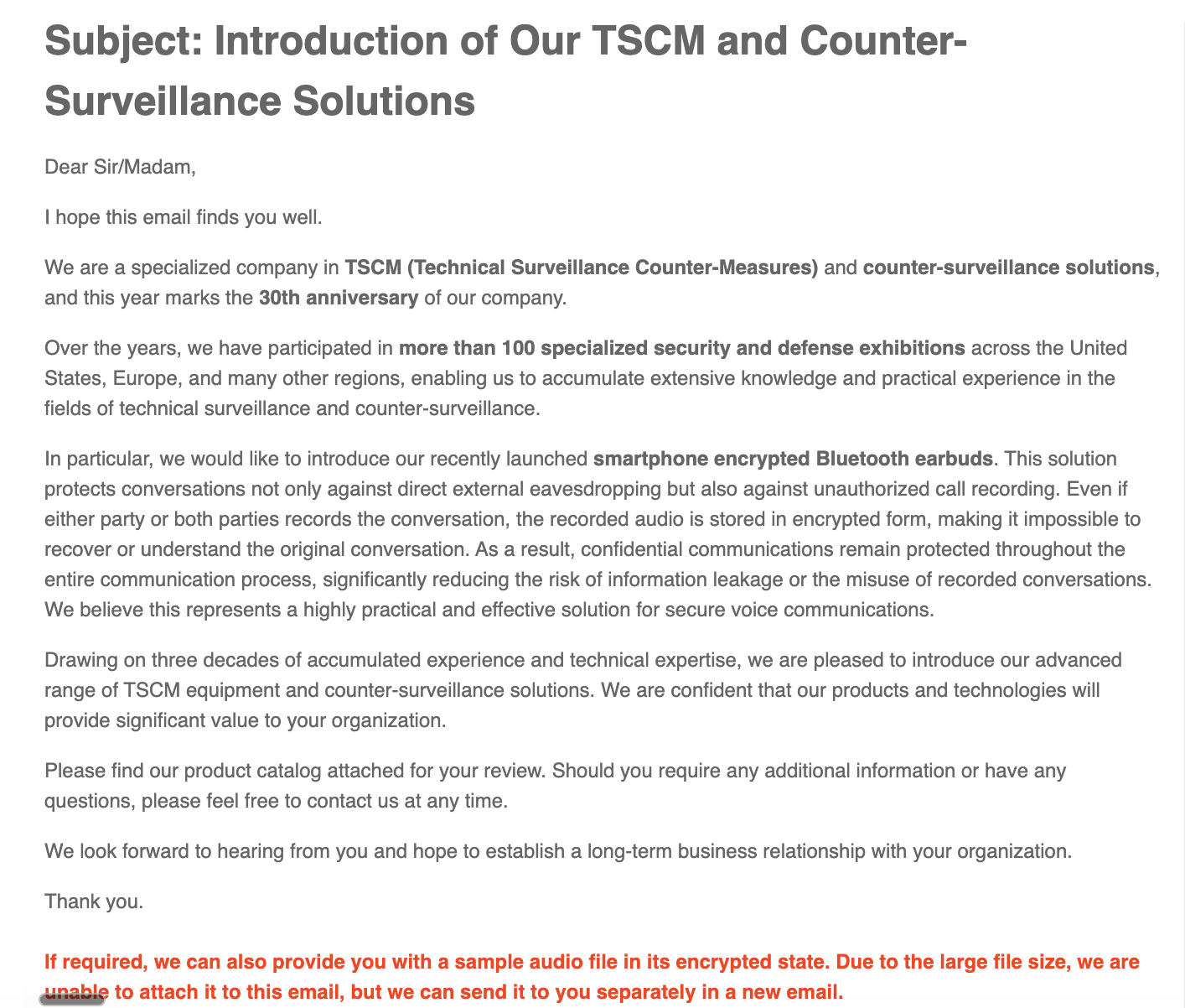 Sales email describing Global TSCM Group’s technical surveillance counter-measures and encrypted Bluetooth earbuds.