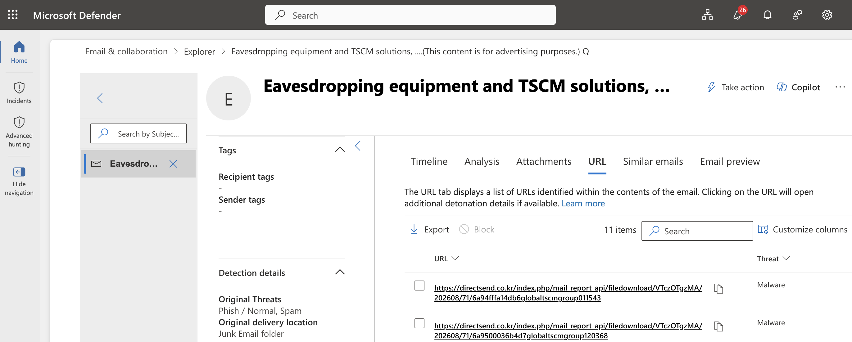 Microsoft Defender URL analysis showing DirectSend catalogue download links labelled as malware.