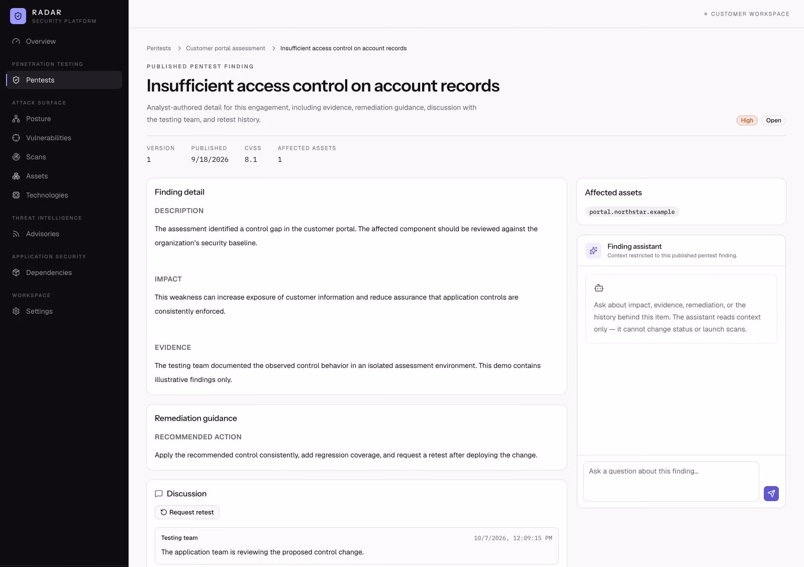 User interface of Radar Security Platform showing a published pentest finding titled 'Insufficient access control on account records' with details on description, impact, evidence, remediation guidance, affected asset, status as high and open, and a discussion section including a note from the testing team dated 10/7/2026.