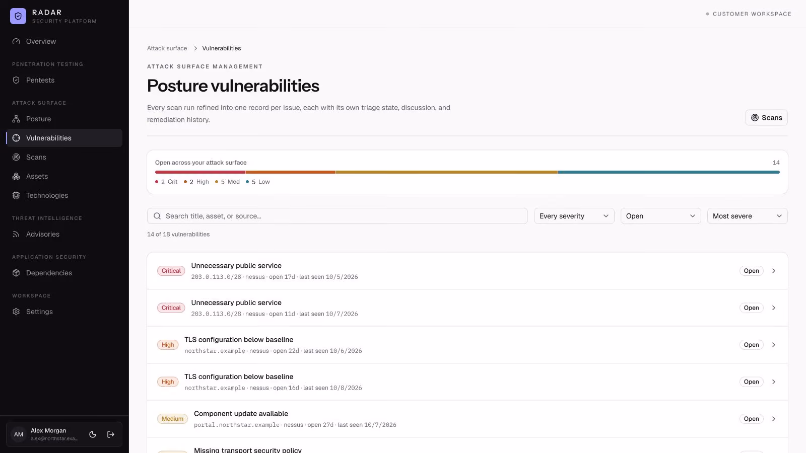 Radar Security Platform interface showing the Vulnerabilities section under Attack Surface Management with a list of posture vulnerabilities, including critical and high severity issues like unnecessary public services and TLS configuration below baseline, with details on open status and last seen dates.