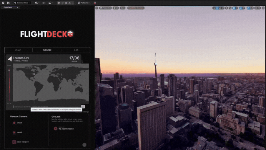 Screen recording of Unreal Engine showing FlightDeck’s Explore system in use.