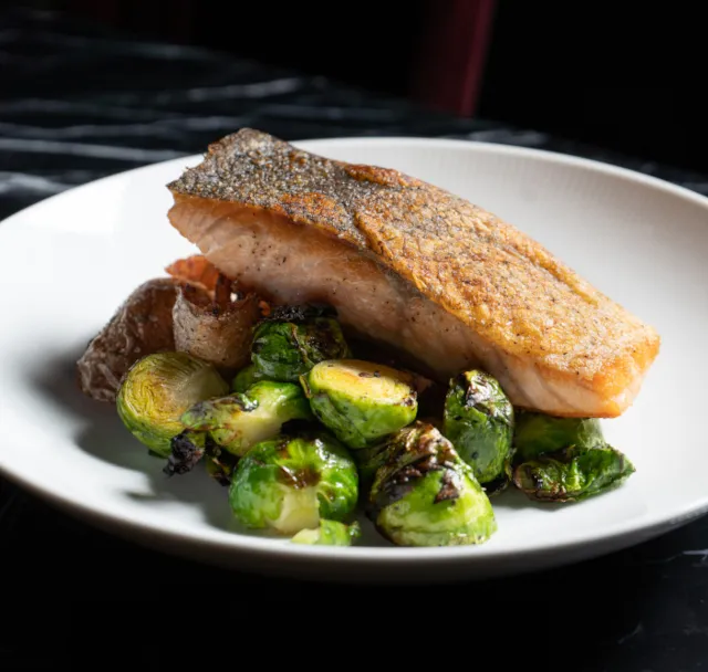 Grilled salmon with Brussels sprouts at Grill On 21, Chicago, IL