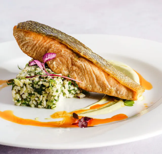 Roasted salmon at the Roanoke restaurant, Chicago, IL