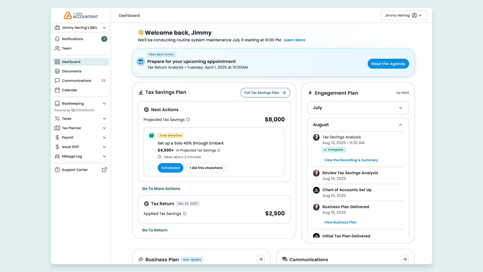 1-800-Accountant redesigned client dashboard showing a personalized welcome screen, a Tax Savings Plan with $8,000 in projected savings, a time-sensitive action to set up a Solo 401k, and an Engagement Plan with upcoming appointments — restructured by Tech9 to reduce cognitive load and surface the right information for each user context
